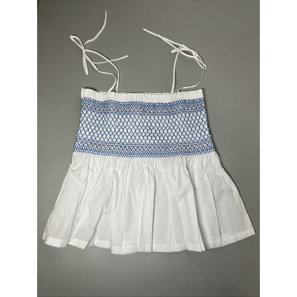 J Crew Paloma Top Womens Small White Blue Smocked Tie Shoulder Beach Cottage